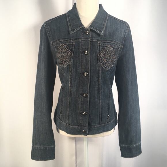 CODE BLEU | Denim Jean Jacket Embroidered Front Pockets side slit pockets Sz M - Picture 1 of 8